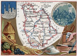 La Vienne (86), Poitou-Charentes, Francia. Semi, coltelleria e calzetteria di Chatellerault. Serie sui dipartimenti francesi. Cromolitografia, circa 1920. Collezione privata. da French School