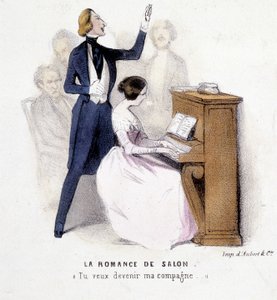 La romance de salon: uomo canta accompagnato al pianoforte da una donna, c. 1845 da French School