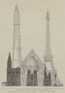 La tour Eiffel comparata a diversi monumenti (incisione) da French School