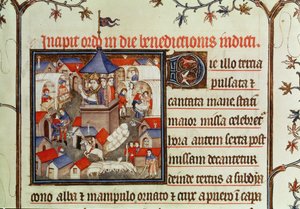 Miniatura di un vescovo che benedice la fiera annuale o il mercato tenuto per due settimane a giugno sulle pianure di St. Denis, da un pontificale, 1301-1400