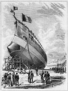 Varo della nave corazzata "La Galissonniere", 7 maggio 1872 nel porto di Brest, Finistère (29). Incisione in "Le Monde Illustré" n. 789 del 25 maggio 1872