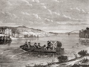 Posa di un cavo telegrafico sotto un fiume americano c.1860, da Les Merveilles de la Science, pubblicato c.1870