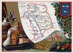 Le Cher (18), Centro, Francia. Serie sui Dipartimenti Francesi. Birra, orzo, cuoio, vino e coltelli. Cromolitografia "il filo geografico", circa 1920. Collezione privata da French School