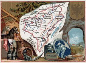 Le Doubs, Franca Contea, Francia. Ritratto di Georges Cuvier. Specialità locale: kirsch, assenzio, orologeria, filo e agricoltura. Serie sui dipartimenti francesi.
