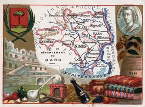 Le Gard (30), Linguadoca-Rossiglione (Languedoc Roussillon), Francia - Specialità locale: acquavite (apparato di distillazione) e vino - Ritratto di Jean-Pierre-Claris (Jean Pierre Claris) de Florian (1755-1794) - Serie sui dipartimenti francesi - Cromolit