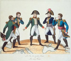 Le Jeu des Quatre Coins ou Les Cinq Freres, caricatura bonapartista che raffigura Napoleone e i suoi fratelli, 1808 da French School