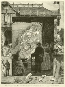 Il Padiglione delle Foreste, interno del padiglione e vista di uno dei diorami (incisione) da French School