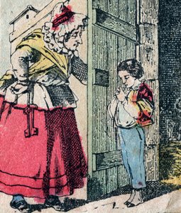 Le Pere Fouettard, personaggio francese del padre frustatore, figura leggendaria del folklore che punisce i bambini cattivi: sua moglie, La Mere Fouettard la madre frustatrice, che consegna i bambini pentiti - Immagine di Epinal