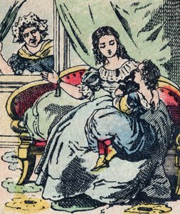 Le Père Fouettard, personaggio francese del padre frustatore, figura leggendaria del folklore che punisce i bambini cattivi: sua moglie, La Mère Fouettard, la madre frustatrice che non rimprovera i bambini saggi - Immagine di Epinal