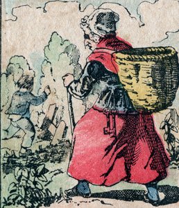 Le Père Fouettard, personaggio francese del padre frustatore, figura leggendaria del folklore che punisce i bambini cattivi: sua moglie, La Mère Fouettard, la madre frustatrice che insegue i bambini che saltano la scuola - Immagine di Epinal da French School