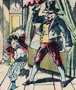 Le Père Fouettard, personaggio leggendario del folklore, che punisce i bambini disobbedienti con la sua frusta, e rinchiude i bambini disobbedienti, immagine di Epinal
