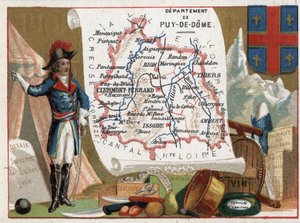 Le Puy Du Dôme (Puy-Du-Dôme, 63), Alvernia, Francia. Ritratto di Louis Charles Antoine Desaix (1768-1800), coltelleria, vino, composta di albicocche. Serie sui Dipartimenti Francesi. Cromolitografia "il filo geografico", circa 1920. Collezione privata
