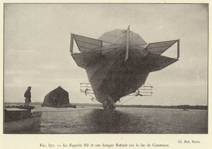Il Zeppelin III e il suo hangar galleggiante sul lago di Costanza (incisione) da French School