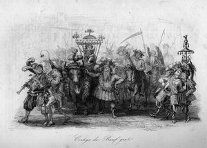 Il corteo del bue grasso (canzone "Il carnevale" di Marc-Antoine Madeleine Desaugiers) in "CHANS et CHANS POPULES DE LA FRANCE - 1843 - H.- L. DELLOYE, editore, LIBRAIRIE DE GARNIER. da French School