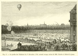 Il giardino delle Tuileries il 1° dicembre 1783, secondo viaggio aereo di MM. Charles e Robert il giovane da French School