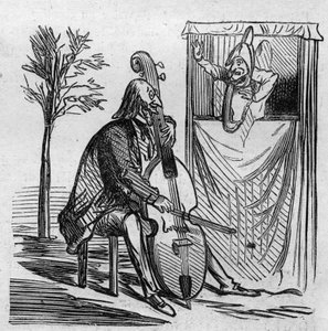 Il maestro Offenbach che monopolizza con la sua musica tutti i teatri di Parigi. Il compositore tedesco naturalizzato francese Jacques Offenbach (1819-1880) che suona il violoncello. Caricatura di Cham. Incisione in 