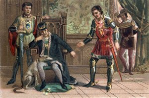 Lega del Bene Pubblico: re Luigi XI incontra Carlo il Temerario a Peronne, duca di Borgogna. Cromolitografia intorno al 1890 da French School
