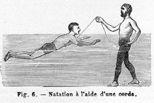 Imparare a nuotare usando una corda, incisione