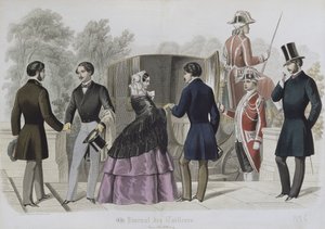 Partenza per una corsa in carrozza, illustrazione da Le Journal des Tailleurs, 1856 (incisione a colori) da French School