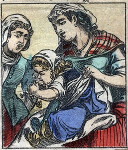 Lemuel Gulliver nel Paese dei Giganti di Brobdingnag. Illustrazione per "I viaggi di Gulliver" di Jonathan Swift (1667-1745). Immagine di Epinal fine XIX secolo