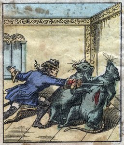 Lemuel Gulliver combatte i topi nella terra dei giganti di Brobdingnag. Illustrazione per "I viaggi di Gulliver" di Jonathan Swift (1667-1745). Immagine di Epinal della fine del XIX secolo da French School