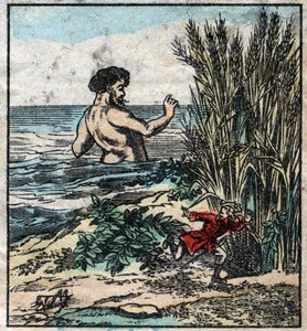 Lemuel Gulliver si nasconde da un gigante a Brobdingnag. Illustrazione per "I viaggi di Gulliver" di Jonathan Swift (1667-1745). Immagine di Epinal fine XIX secolo.