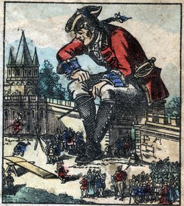 Lemuel Gulliver seduto sul muro di fortificazione della città spiega la strategia all