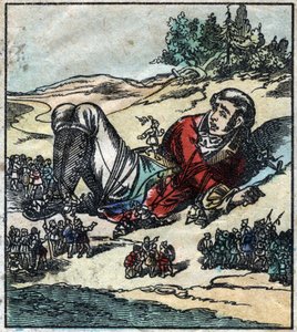 Lemuel Gulliver si sveglia dopo il naufragio e viene fatto prigioniero dai Lillipuziani. Illustrazione per "I viaggi di Gulliver" di Jonathan Swift (1667-1745). Immagine di Epinal fine XIX secolo. da French School