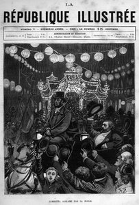 Leon Gambetta saluta la statua in Place de la Republique a Parigi. Un giornale. Incisione del 1880 in 