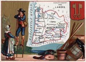 Le Landes, Aquitania, Francia. Serie sui Dipartimenti Francesi. Specialità locali: catrame e resina di vino. Pastore delle Landes. Cromolitografia 