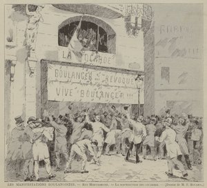 Manifestazioni boulangiste, Rue Montmartre, La distribuzione delle cocardes (incisione) da French School