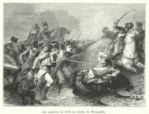 I coscritti del 1813 alla battaglia di Weissenfels (incisione) da French School