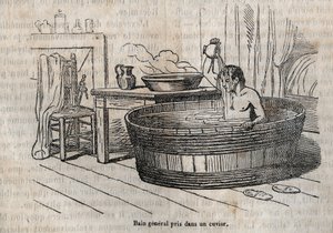 I gesti del bagno - Igiene nel XIX secolo - bagno in una ciotola - incisione in "La Sante Universelle - Guida Medica delle Famiglie" 1852