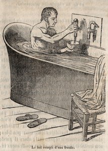 I gesti del bagno - Igiene nel XIX secolo - uomo in una vasca da bagno - incisione in "La Sante Universelle - Guide Medical des Familles" 1852