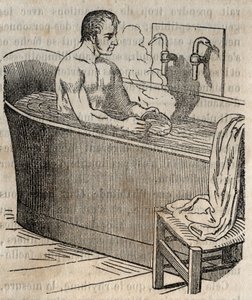 I gesti del bagno - Igiene nel XIX secolo - uomo in una vasca da bagno - incisione in "La Sante Universelle - Guide Medical des Familles" 1852