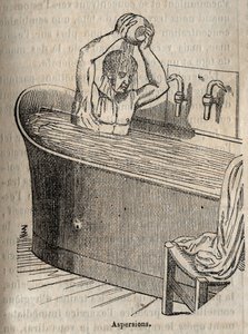 I gesti del bagno - Igiene nel XIX secolo - uomo in una vasca da bagno - incisione in 