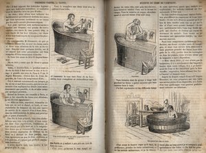 I gesti del bagno - Igiene nel XIX secolo - uomo in una vasca da bagno - incisione in 