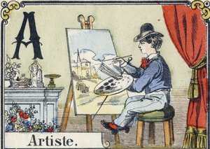 Lettera A: artista. Alfabeto ricreativo. Immagine di Epinal. Incisioni su legno stencil, circa 1880. Piccolo libretto di 16 pagine (205 x 150 mm). Collezione privata da French School
