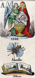 Lettera A come Angelo, Ape e Album. Un angelo protettivo vicino a un bambino che dorme in una culla. Piccolo alfabeto enciclopedico. Immagini di Epinal, circa 1860 da French School