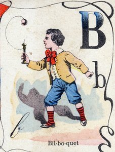 Lettera B Bilboquet. Incisione in "ABC des joux pour petits boys". Immagine di Pont-a-Mousson, Louis Vagne, stampatore-editore, fine XIX secolo. Dim: 32,5x25 cm da French School