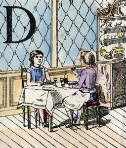 Lettera D, ragazza che gioca a dinette. ABC delle bambine. Immagini di Epinal