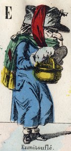 Lettera E: Avvolgere (Avvolgere di pellicce e tessuti per tenersi al caldo). Incisione in "Alfabeto Comico". Nuove immagini di Epinal. Litografia Pinot et Sagaire, editori, tra il 1860 e il 1888 da French School