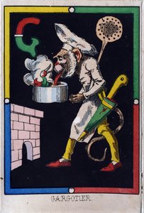 Lettera G come gargottiere. Alfabeto delle scimmie. Incisione su legno. Imagerie d
