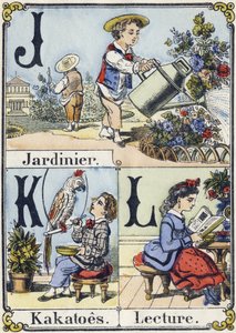Lettera J, K e L: giardiniere, cacatua e lettura. Alfabeto ricreativo. Immagini di Epinal, circa 1880 da French School