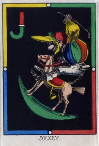 Lettera J come fantino (scimmia su cavallo a dondolo). Alfabeto delle scimmie. Incisione su legno. Imagerie d