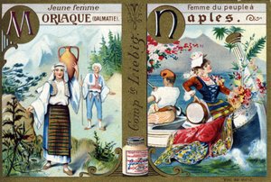 Lettera M come Giovane Donna Morlacca e N come Donna del Popolo a Napoli. Alfabeto delle donne. Serie di 12 immagini. Pubblicità Liebig da French School