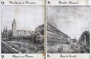 Lettera Q e A: Il molo dei fiori e la strada di Rivoli - "Alphabet Picturesque des Monumens de Paris" c.1840 (incisione)