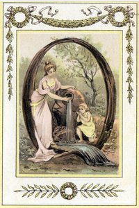 Lettera Q che rappresenta una madre e suo figlio che bevono acqua dalla sorgente, fine XIX secolo (cromolitografia) da French School