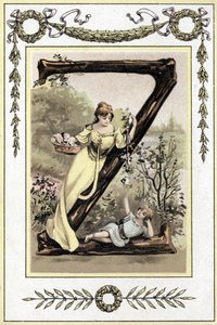Lettera che rappresenta una madre e suo figlio, fine XIX secolo (cromolitografia) da French School