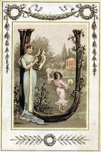 Lettera che rappresenta una madre che suona la lira e sua figlia che danza con il timpano, fine XIX secolo (cromolitografia) da French School